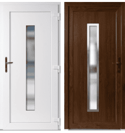 Plastové vchodové dveře INOX Hana, otevírání dovnitř – skladem, ihned k dodání - Vchodové plastové dveře Hana + INOX orámování, zlatý dub / bílá, pravé, otevírání dovnitř, 100x210 cm - 3574100210