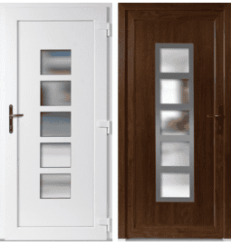Plastové vchodové dveře INOX Lucy, otevírání dovnitř – skladem, ihned k dodání - Vchodové plastové dveře Lucy + INOX orámování, zlatý dub / bílá, pravé, otevírání dovnitř, 88x198 cm - 368288198