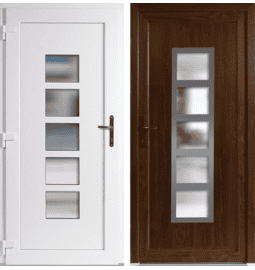 Plastové vchodové dveře INOX Lucy, otevírání dovnitř – skladem, ihned k dodání - Vchodové plastové dveře Lucy + INOX orámování, zlatý dub / bílá, levé, otevírání dovnitř, 110x210 cm - 3703110210