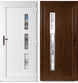 Plastové vchodové dveře INOX Julie, otevírání dovnitř – skladem, ihned k dodání - Vchodové plastové dveře Julie + INOX orámování, zlatý dub / bílá, pravé, otevírání dovnitř, 105x205 cm - 3820105205