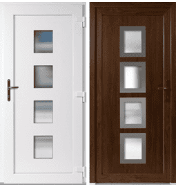 Plastové vchodové dveře INOX 010, otevírání dovnitř – skladem, ihned k dodání - Vchodové plastové dveře 010 + INOX orámování, zlatý dub / bílá, pravé, otevírání dovnitř, 98x198 cm - 404898198