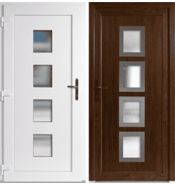 Plastové vchodové dveře INOX 010, otevírání dovnitř – skladem, ihned k dodání - Vchodové plastové dveře 010 + INOX orámování, zlatý dub / bílá, levé, otevírání dovnitř, 100x210 cm - 4051100210