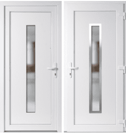 Plastové vchodové dveře INOX Hana, otevírání ven – skladem, ihned k dodání - Vchodové plastové dveře Hana + INOX orámování, bílá / bílá, pravé, otevírání ven, 110x210 cm - 4897110210