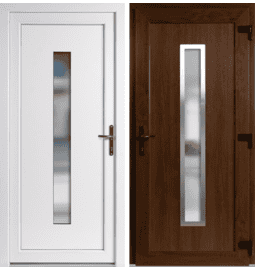 Plastové vchodové dveře INOX Hana, otevírání ven – skladem, ihned k dodání - Vchodové plastové dveře Hana + INOX orámování, zlatý dub / bílá, pravé, otevírání ven, 88x198 cm - 496388198