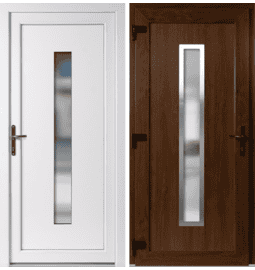 Plastové vchodové dveře INOX Hana, otevírání ven – skladem, ihned k dodání - Vchodové plastové dveře Hana + INOX orámování, zlatý dub / bílá, levé, otevírání ven, 110x210 cm - 4984110210