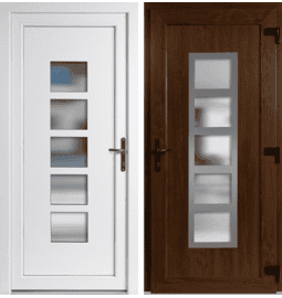 Plastové vchodové dveře INOX Lucy, otevírání ven – skladem, ihned k dodání - Vchodové plastové dveře Lucy + INOX orámování, zlatý dub / bílá, pravé, otevírání ven, 100x210 cm - 5035100210