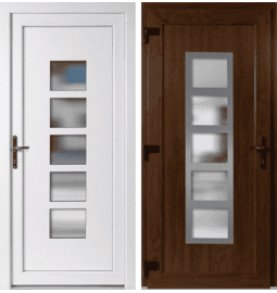 Plastové vchodové dveře INOX Lucy, otevírání ven – skladem, ihned k dodání - Vchodové plastové dveře Lucy + INOX orámování, zlatý dub / bílá, levé, otevírání ven, 105x205 cm - 5038105205