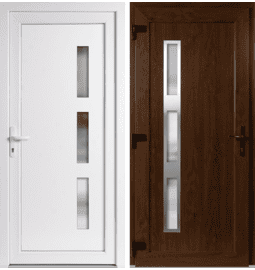 Plastové vchodové dveře INOX Julie, otevírání ven – skladem, ihned k dodání - Vchodové plastové dveře Julie + INOX orámování, zlatý dub / bílá, levé, otevírání ven, 100x210 cm - 5161100210