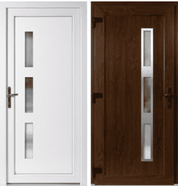 Plastové vchodové dveře INOX Venus, otevírání ven – skladem, ihned k dodání - Vchodové plastové dveře Venus + INOX orámování, zlatý dub / bílá, levé, otevírání ven, 110x210 cm - 5293110210